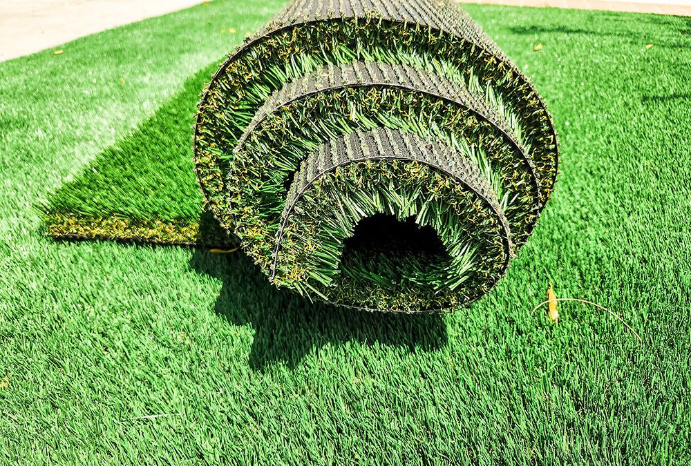 Artificial turf roll on fake grass lawn
