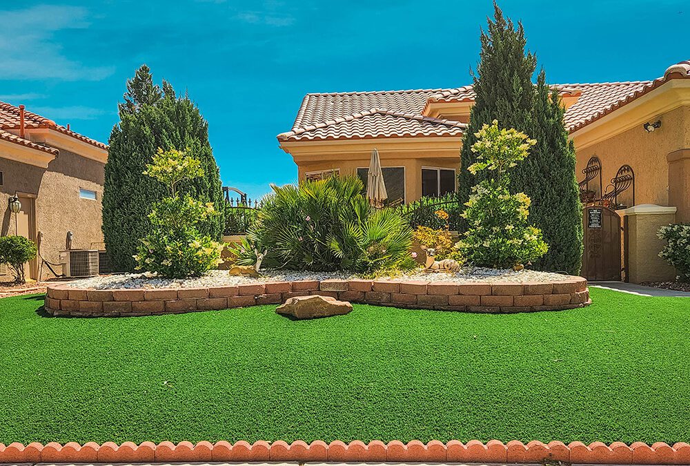 Artificial turf on the front lawn of a house