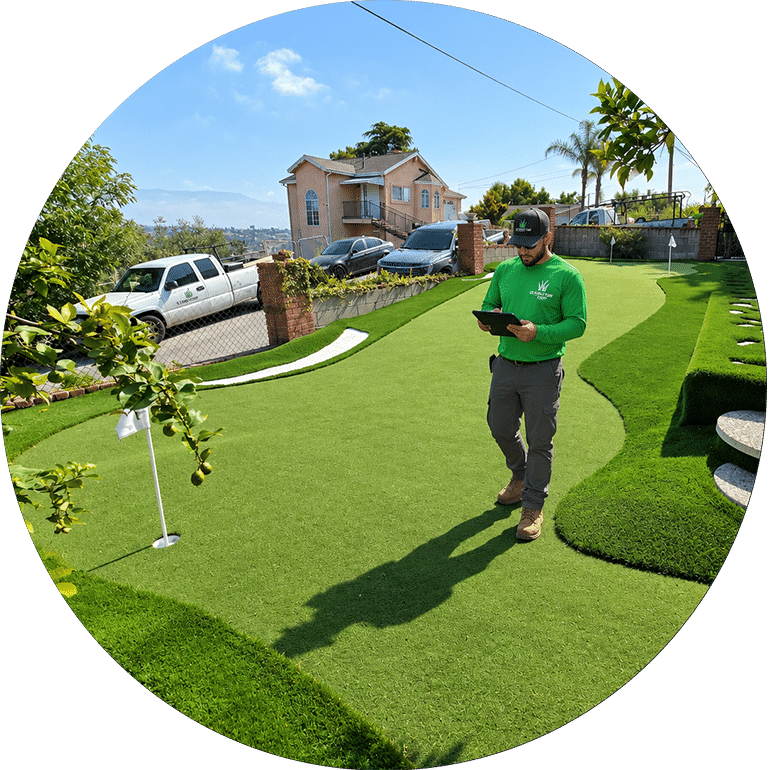 US Family Turf technician performing a final review of artificial turf