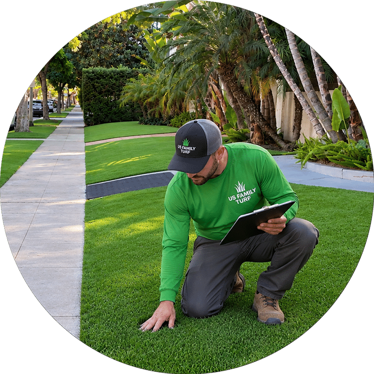 US Family Turf technician inspecting artificial turf before turf care service