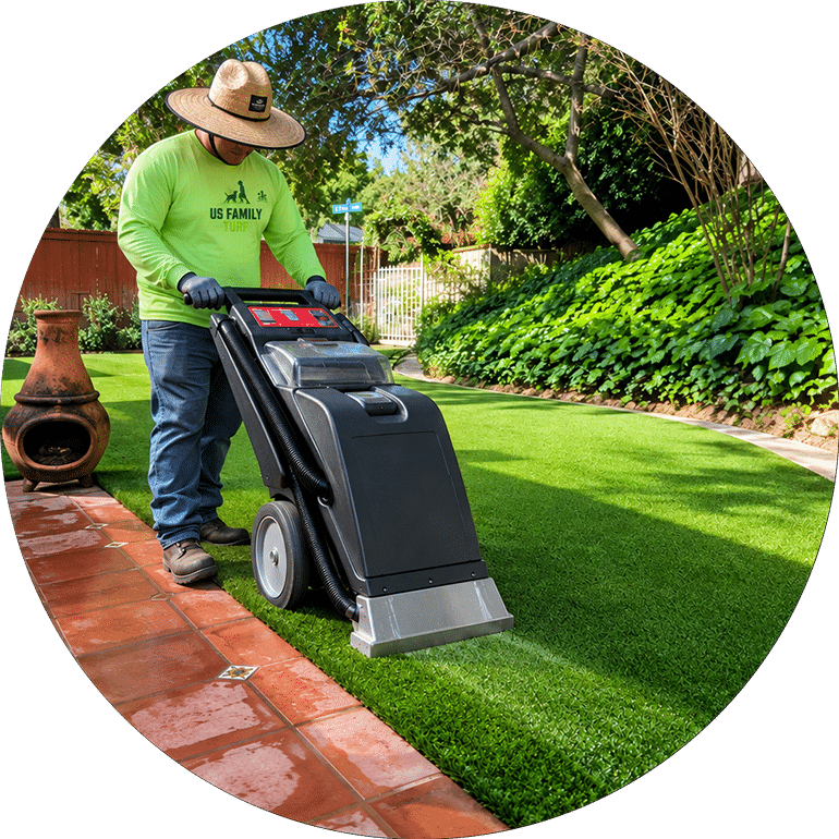 US Family Turf technician refreshing artificial turf with professional cleaning equipment