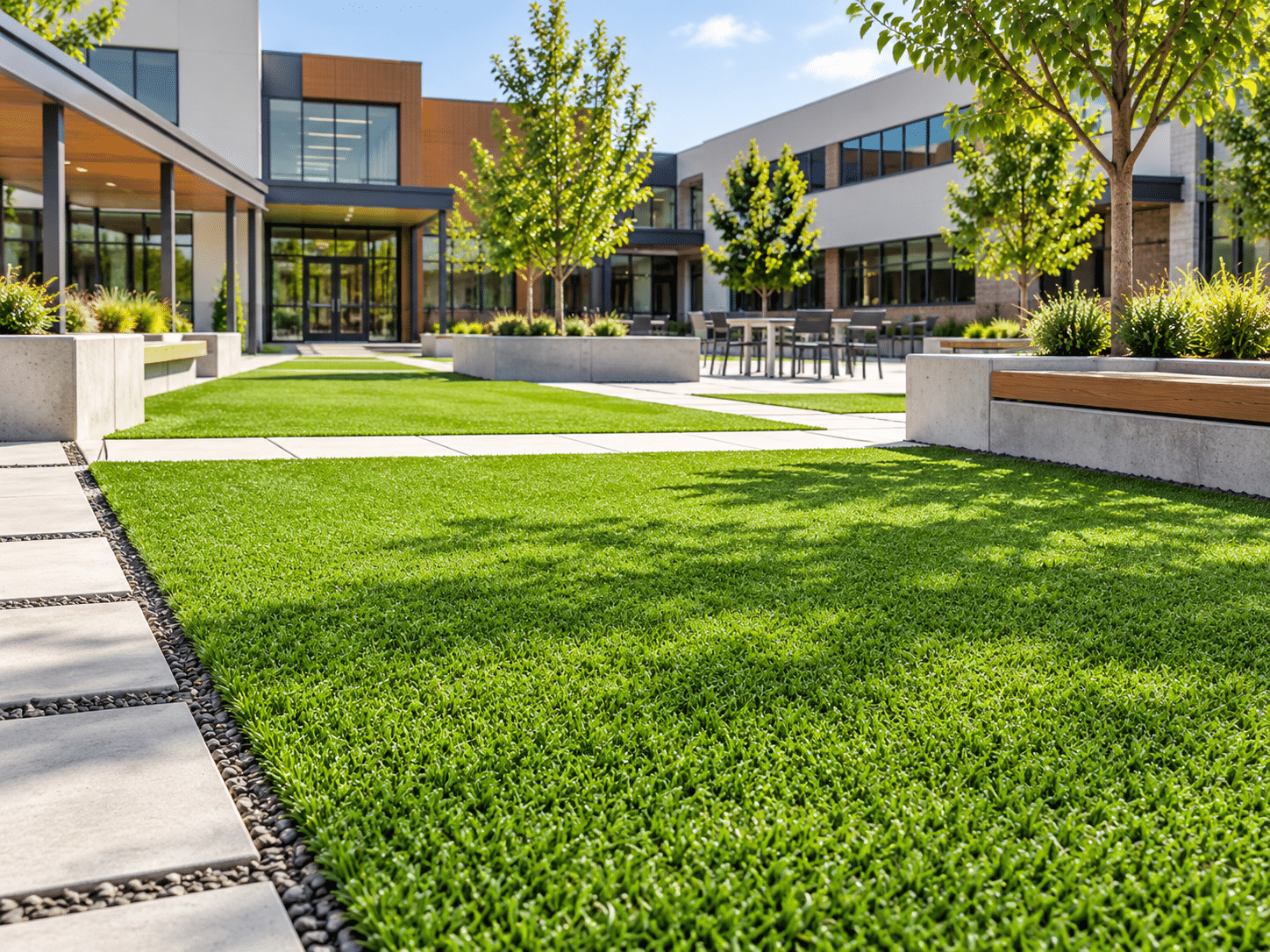 Installed Discovery artificial turf in a commercial landscape